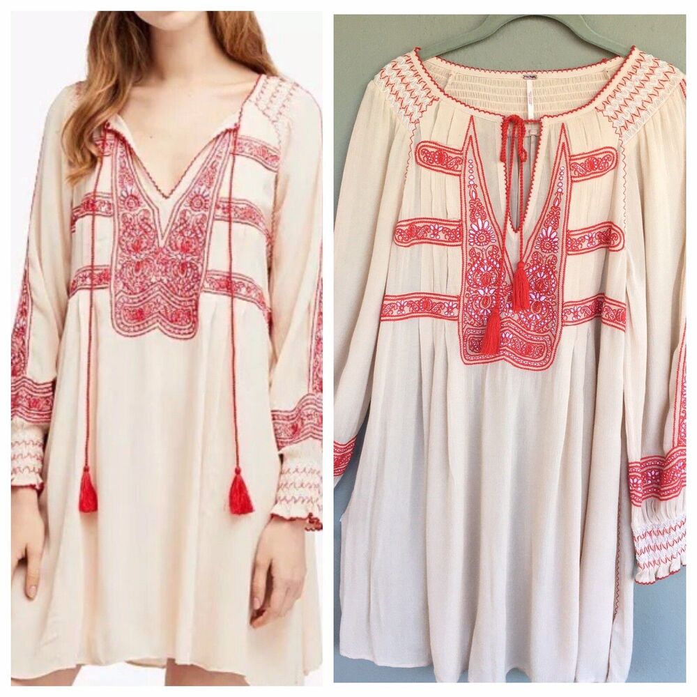 Free People Dress XS Wind Willow Mini Ivory Red Embroidered Flowy Boho Peasant